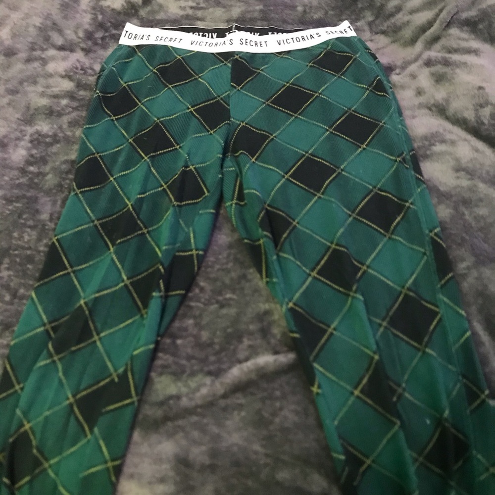 green plaid pajama pants.
